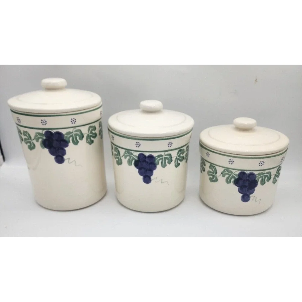 3 Large Heavy Grapes Vines Santa Ana CROCK SHOP Rubber Seal Canisters EXC JARS